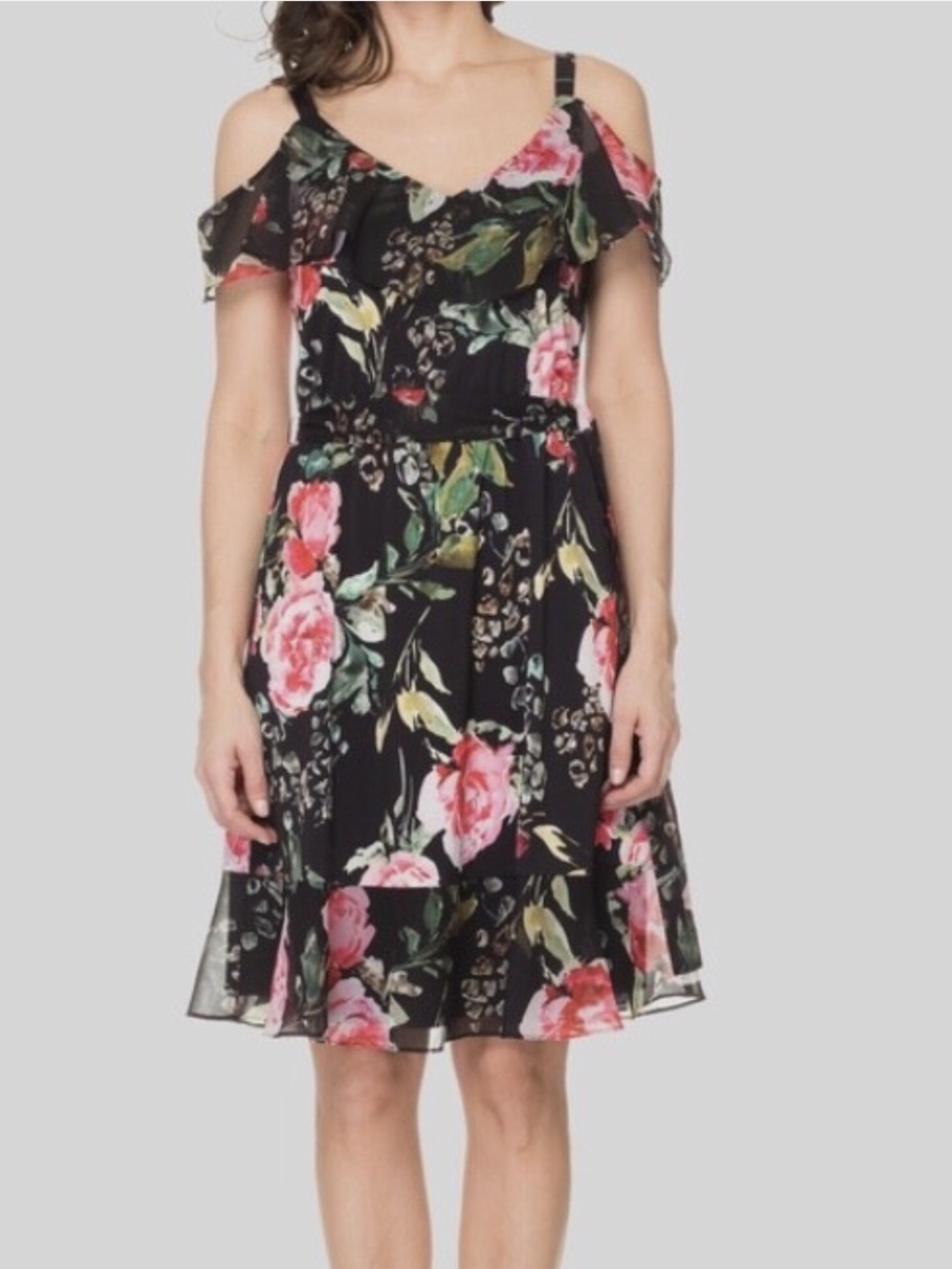 JOSEPH RIBKOFF floral print cold shoulder dress with sash belt women’s size 14